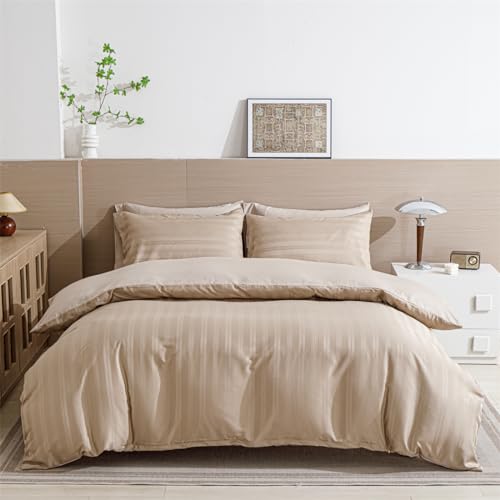 DXHOME Juego de ropa de cama de raso brillante, 135 x 200 cm, diseño a rayas, color caqui, gris topo liso, refrescante para verano, reversible, funda nórdica de lujo con cremallera y 1 funda de
