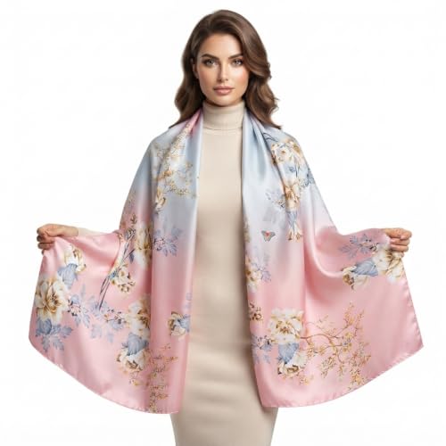Image of Floral Printed Silk stole | silk Scarf for Women | stylish silk stole for women | Soft Lightweight Stole, Shawl & Neck Wrap | Scarf for Wedding, Party, Travel & Casual Wear