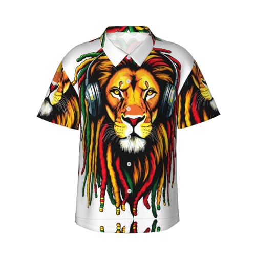 Supdreamc Men's Hawaiian Shirt for Men - Vacation Wear Beach Shirts for Men - Short Sleeve Button Up Men's Summer Shirt (for Rasta Rastafarian Reggae Earphone Lion Shirt, Size XL)