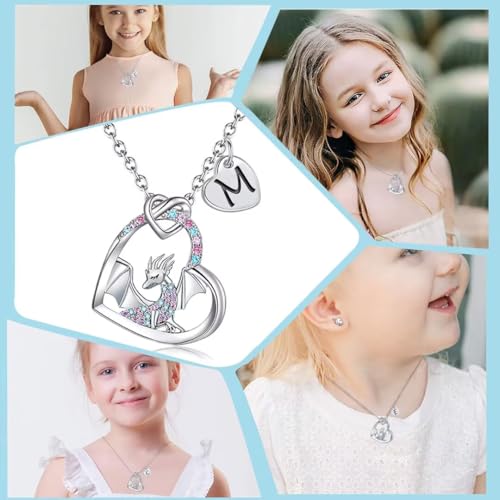 Dragon Necklace Gifts for Kids Girls Rainbow Dinosaur Animal Pendant Colorful CZ Heart Letter Initial Jewelry Gifts for Daughter Granddaughter Niece Little Teen Girl4