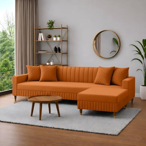 Image of AMATA Omega Solid Wood 4 Seater L Shape Orange Suede Velvet Sofa Set with Four Cushions Perfect for Home Office Guests Living Room (03 Orange, Omega L Shape 4 SSEATER)(3 Year warranrt)