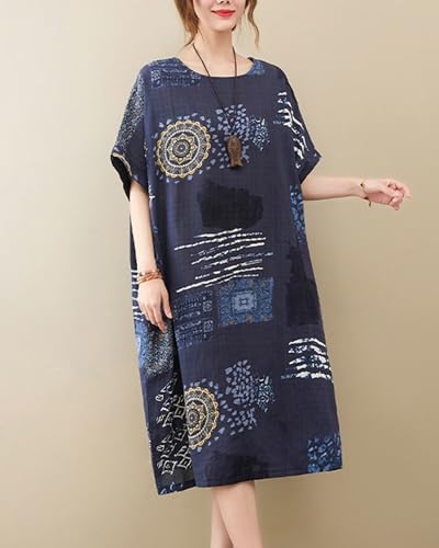 Image of LUZU JUNU Women's Summer Baggy Plus Size Loose Cotton Linen Long Boho Beach Dress with Pockets
