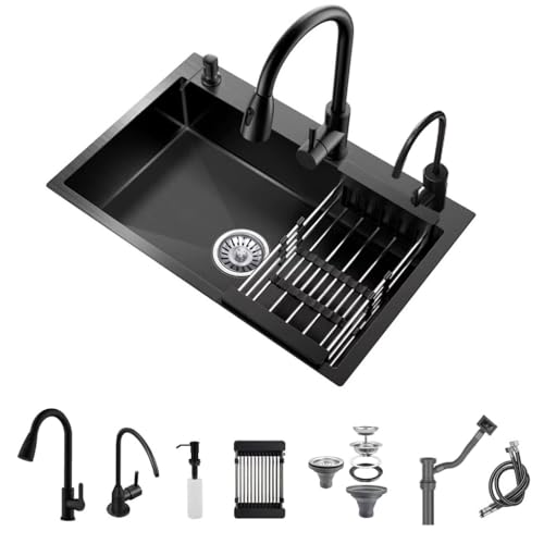 évier de cuisine encastré noir, évier monobol en acier inoxydable, évier de poste de travail monté sur le dessus avec robinet coulissant, savon et panier de vidange (Aec robinet, 50 * 45 * 20cm)