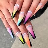 MISUD Coffin Press on Nails Long Fake Nails Matte Glue on Nails Colorful Ombre Acrylic Nails Ballerina Artificial Nails Black French Tip Stick on False Nails with Rhinestone Designs 24 pcs