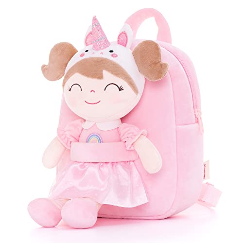 Gloveleya Mochila infantil mochila infantil macia unicórnio menina boneca mochilas rosa 9 polegadas