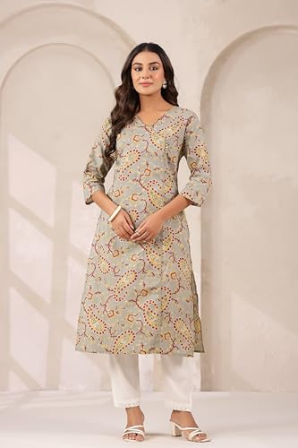 Image of Ichaa Women's Cotton Kurta | Printed Straight Kurta | V-Neck, 3 /4th Sleeve, Ethnic Wear