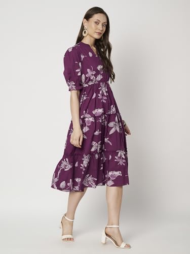 Image of PIDAVLIYA'S Women's Floral Summer Maxi Dress I Cotton Printed I One Piece Bodycon Midi Dress with V-Neck, Puffed Sleeves