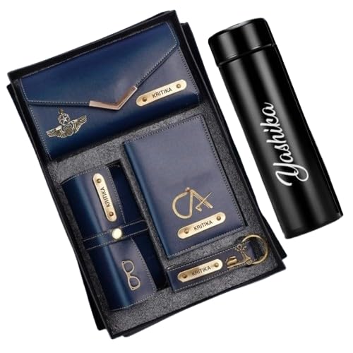 The Custom Hub Customised Women's Gift Set Combo | Clutch, Keychain, Specs Case, Passport Cover & Temperature Bottle | Personalized Tan Gift Set for Women | Blue