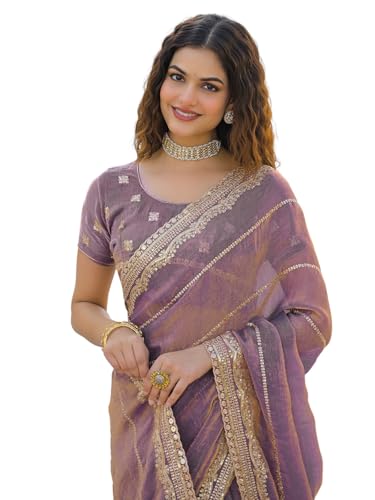 Image of Satrani Women's Shimmer Chiffon Scalloped Border Sequins Embroidery Saree with Unstitched Blouse Piece