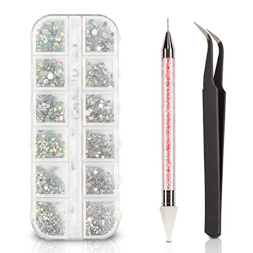 Crystal AB Rhinestones For Nail Art Craft, Nail Gems Nail Art Supplies Nail Design Kit with Rhinestone Picker Dotting Pen and Pick Up Tweezers for Nail Shoes Clothes Decorations