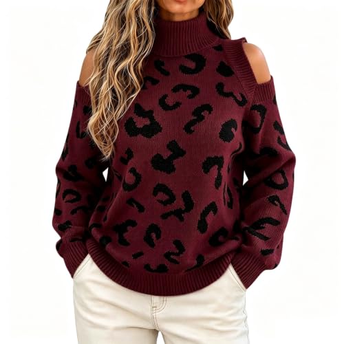 Women's Leopard Print Turtleneck Long Sleeve Cold Shoulder Knit Sweater - image 1