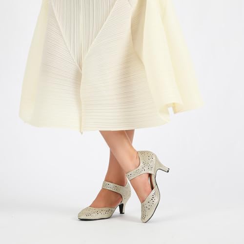 Image of Women's Comfortable Mary Jane Pumps Vintage Cutout Closed Toe Kitten Heels for Dressy Office Work