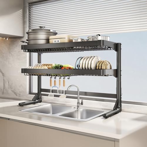 Escurridor de platos ajustable sobre el fregadero, escurridor de dos niveles de acero inoxidable para encimeras de cocina, solución de ahorro de espacio