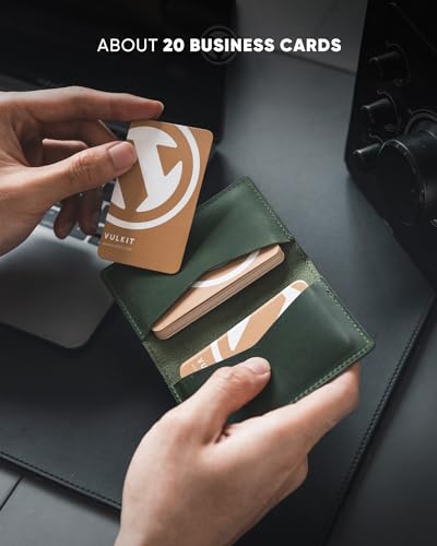 Image of VULKIT Genuine Leather Business Card Holder 2 Sided Slim Business Name Card Organizer for Men or Women, up to Hold 20 cards (Genuine Green)