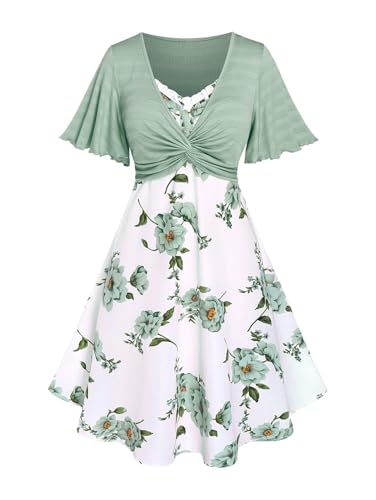 Image of Rosegal Plus Size Women Cottagecore 2PC Floral Sundress Set | Flutter Sleeves Twisted Crop Top, Cottagecore Floral Cami Dress, Vintage Midi Dress Set, Sleeveless Midi Dress