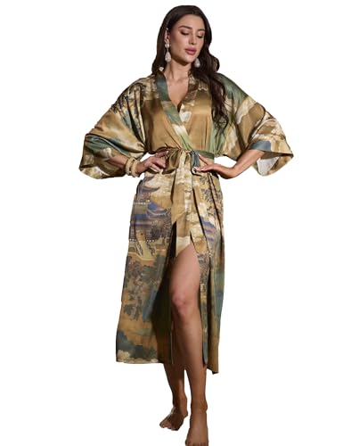 Kihnop - Bata larga tipo kimono floral para mujer, bata larga de satén, bata larga de seda para mujer, bata de baño sedosa, talla única, talla única