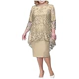 ADHOWBEW Formal Dresses For Women Plus Size Lace Chiffon Two Piece Set Dress Elegant Long Sleeve Midi Wedding Guest Dresses Crew Neck Dresses That Hide Belly Fat Spring Clothes 2024 XX-Large Champagne