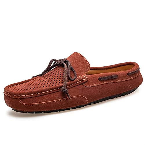Men's Mens Loafers Shoe Genuine Leather Stitching Details Perforated Breathable Mule Loafer Deck Shoes Anti-Slip Flat Heel Comfortable Flexible(Dark Brick Red,10 M US)