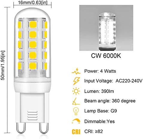 Bonlux 4W G9 led Bulbs Dimmable Cool White 6000K AC220-240V No Flicker 390lm g9 bi pin Bulbs g9 Capsule led 35W Halogen Bulb Equivalent Energy Saving G9 Bulb for Chandelier Home Lighting Decor, 5pcs