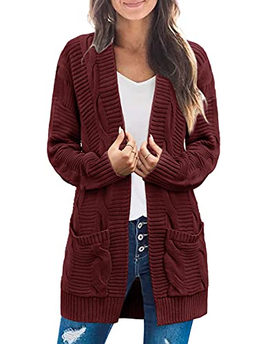 Merokeety Women's Long Sleeve Cable Knit Cardigan Sweaters Open Front Fall Outwear Coat Wine #TOP1