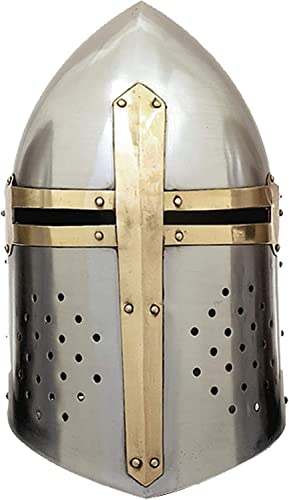Medieval Warrior Knight Sugarloaf Armor Crusader Helmet with Wooden Display Stand Reenactment Helmet | Cosplay SCA (Silver & Gold)