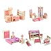 Wooden Dollhouse Furniture Set Including Kitchen Bathroom Bedroom Kid Room for Dollhouse Pink Color