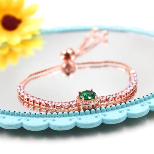 Image of Rose Plated Gold Brass Box Chain Cubic Zirconia Classic Tennis Slider Adjustable Bracelet, Round Big Zircon Charm Give Woman Mom Mother's Day Fashion Crystal Gift
