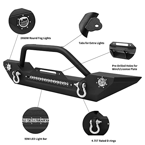 Ledkingdomus Rock Crawler Front Bumper Compatible With 07-18 Jeep Wrangler Jk And Jk Unlimited, Built-In 90W Led Light Bar W/ 2X 60W Fog Light, Wiring Harness, Winch Plate And D-Rings Textured Black #TOP1