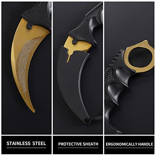Image of Karambit Knife Fixed Blade Tactical Camping Tool, 2 Pieces Stainless Steel Outdoor Hunting Knife with Sheath and Cord, Suitable for Hiking, Adventure, Survival and Collection (Gold&Red)
