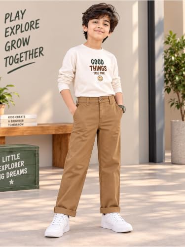 Image of KiddoPanti Boys 100% Cotton Twill Chinos Pant | Comfortable Regular Fit | 2 Side Pocket, 2 Back Pocket | Ankle Length | Back Elasticated Waistband with Button Zip Open Fly