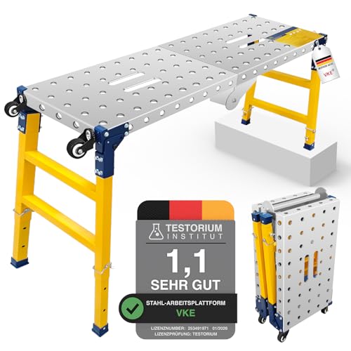 VKE Verzinkte Blech Arbeitsplattform Höhenverstellbar 120 × 36 × 90 cm klappbar Arbeitsbühne 500KG Tragfähigkeit Laufbühne mit Sicherheitsverschluss Tragbarer Arbeitsbühne mit 4 Lenkrollen