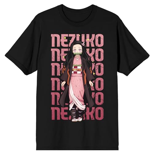 Demon Slayer Nezuko Repeat Text Crew Neck Short Sleeve Mens Black T-shirt-3XL