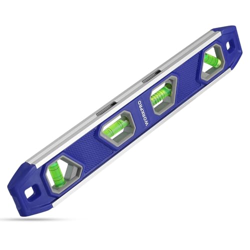 Image of WORKPRO 12 Inch Magnetic Torpedo Level, Blue | Aluminum Frame, 4 Bubbles with Pitch Vial, V-Groove for Conduit, for Plumbers, Electricians, Carpenters & DIYers