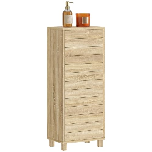 HOMCOM Meuble de Salle de Bain en Bois, Meuble de Rangement avec Étagère Réglable et Porte à Lamelles, Ouverture Pression, pour Salle de Bain, Salon,...