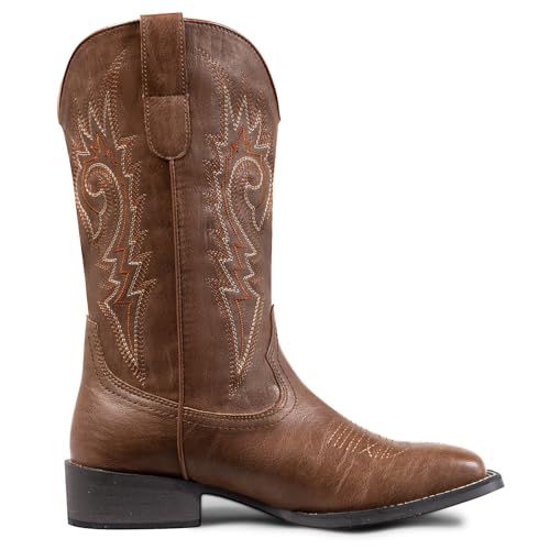 Image of SheSole Cowboy Boots for Women Wide Calf Square Toe Western Boots in Beige and Brown Embroidery Cowgirl Riding Boots