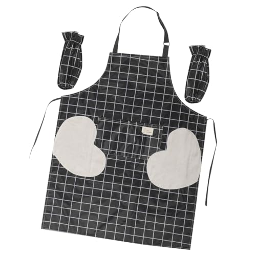 Unomor 1Set Cute Chef Apron with Arm Sleeves Adjustable Long Kitchen Apron for Cooking Baking Grilling Plaid Pattern Design Practical present for Home