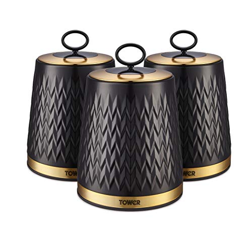 Tower T826091BLK Empire Set of 3 Storage Canisters for Tea Coffee Sugar, 1.3L, Black and Brass