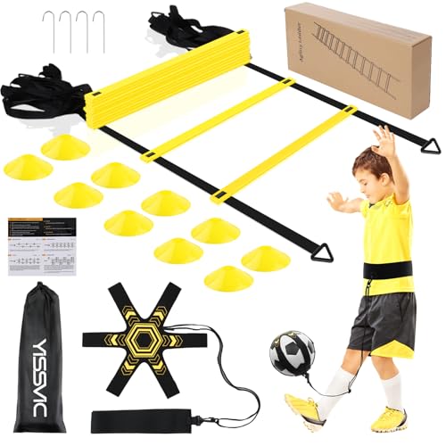 Yissvic Fussball Trainingszubehör Koordinationsleiter Fussball Geschenke Jungen mit Kick Trainer 6m Trainingsset 10 Hütchen Fussball 4 Erdnägel Gelb