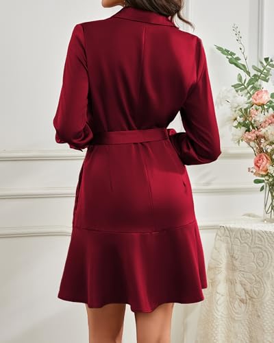 Image of Women's Long Sleeve Button Up Midi Belt Shift Collar Dress with Pockets for Work Office Business