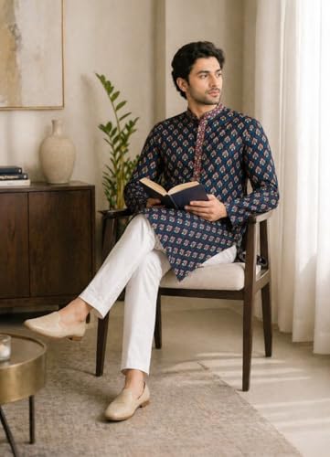 Image of Tattva Men Navy Blue Geometric Design Sequined Jacquard Kurta with Pyjamas