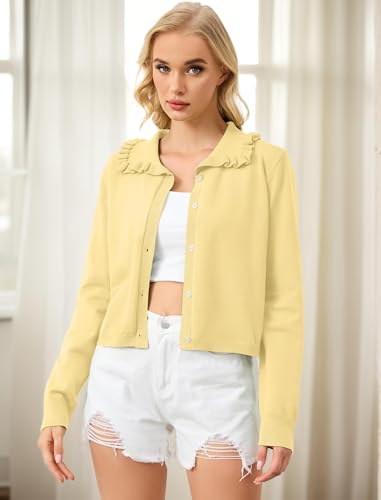 Image of Ythomm Womens Ruffle Collar Cropped Cardigans Button Down Open Front Long Sleeve Knit Sweater Jackets Casual Solid Fall Tops