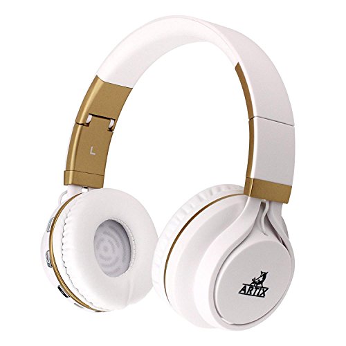 ARTIX BT5 Bluetooth Headphones On-Ear Wireless Earphones, Lightweight, Foldable, Adjustable Headset w/Built in Microphone, 3.5mm Cable for Wired Use/Work, Travel, Sport, Kids Teen Adult White/Gold