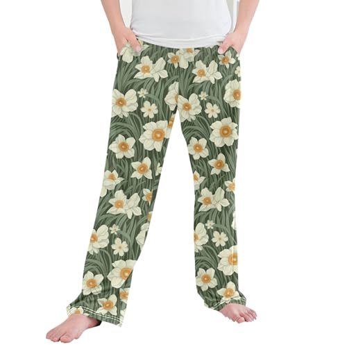 Flowers Long Pajama Pants Elastic Waist PJ Bottoms with Pockets S A111448