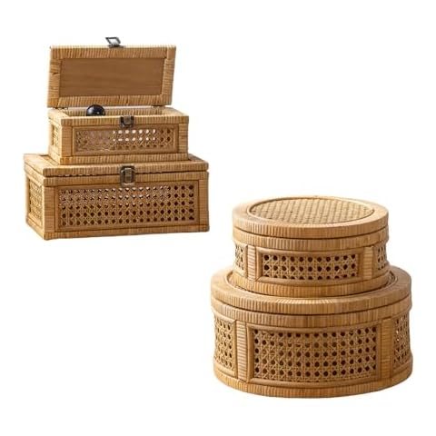 HuiDao Rattan Decorative Box, Boho Display Boxes with Lids Rectangular，Round Set of 2 Cover