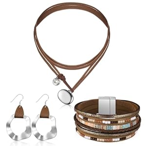 Inbagi 3 Pcs Western Jewelry for Women Bohemian Set, Boho Pendant Long Choker, Faux Leather Layered Bracelet, Dangle Earrings