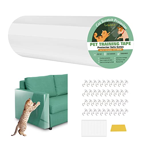 Lewondr Protector de Muebles Anti Arañazos Gatos, 40 * 300cm Adhesivo Protector Sofá Arañazo, Transparente Protectores con 40 Pines+40 Nanocintas, Fácil de Instalar para Sofá Puerta Alfombra Mesa