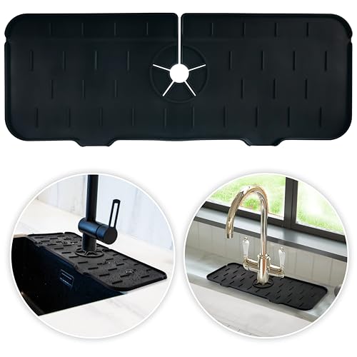 Granny's Kitchen Escurridor Estropajo Fregadero de Cocina - [37 x 14 cm] - Bandeja Recogegotas de Silicona con Orificio Ajustable para Grifo - Negro