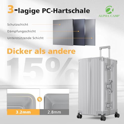 ALPHA CAMP Koffer XL Aluminium Rahmen & Polycarbonat Hartschale mit TSA Schloss Koffer Groß Silber Reisekoffer mit 4 Rollen 40x36x77cm Reisekoffer Suitcase Large 92L Handgepäck Luggage für Reise