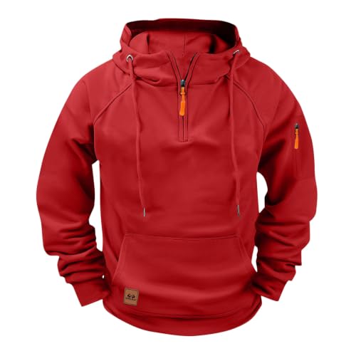 fnnxeal Mens Hoodies Quarter Zip Pullover Big and Tall Fleece Tactical Hooded Sweatshirts Fall Winter Fashion Western Clothes mens hooded sweatshirt Red 2XL