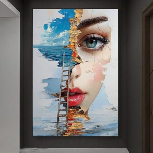 Peinture abstraite océan pour déco salon bleu, affiche murale femme 80x120